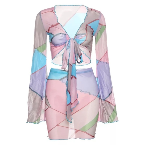 Pink Sands Asymmetrical Pipping Bodycon Skirt Set Beach Bikini Coverup Mini Set - Picture 6 of 14